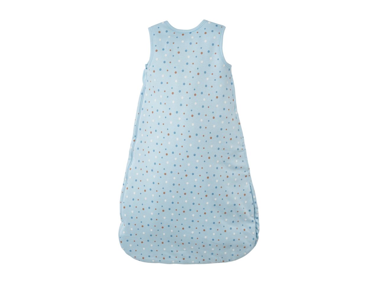 Light blue baby sleeping bag with white, light blue, and brown polka dots.