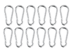 Twelve silver carabiner clips arranged in two rows.