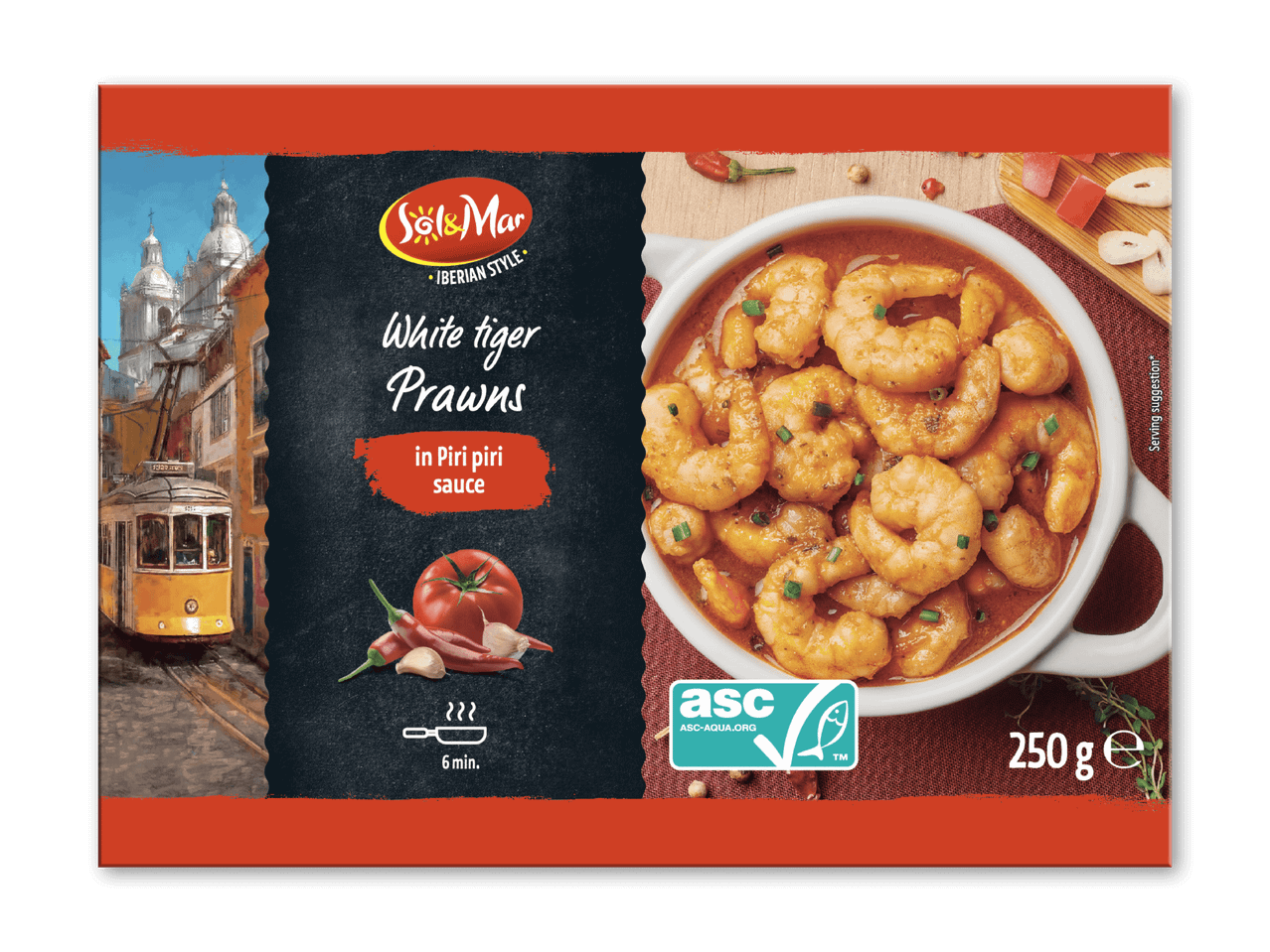 Hvide tigerrejer i piri piri-sauce, med et billede af en sporvogn i Lissabon og en tilberedningstid på 6 minutter.
