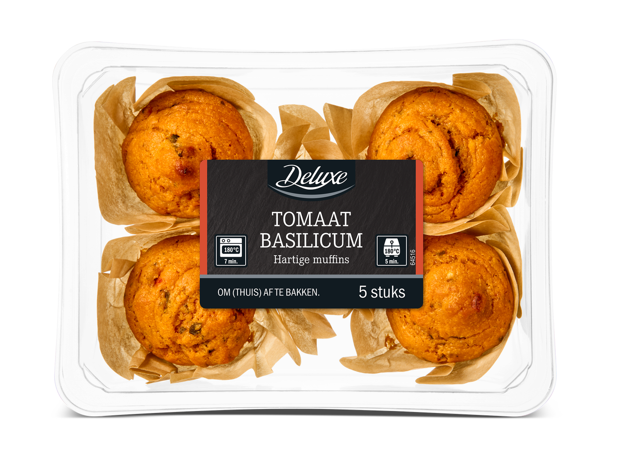 Verpakking met 5 hartige muffins met tomaat en basilicum, klaar om af te bakken.
