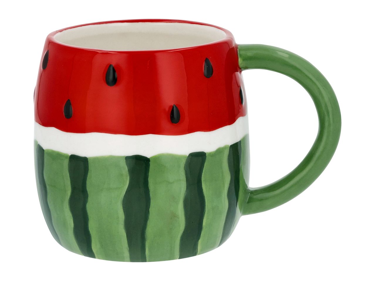 Watermelon-themed ceramic mug with a red top, white band, green striped bottom, and green handle.