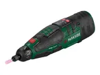 Cordless rotary tool with a pink grinding stone, featuring speed settings and a power button.