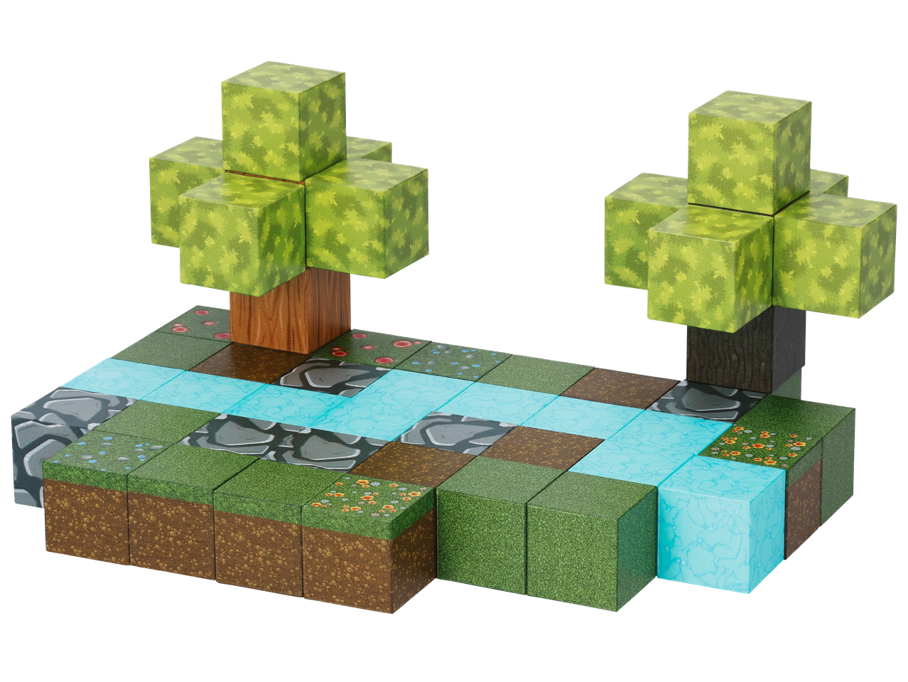 Комплект от кубчета за игра, изобразяващи пейзаж с дървета, река и земя.