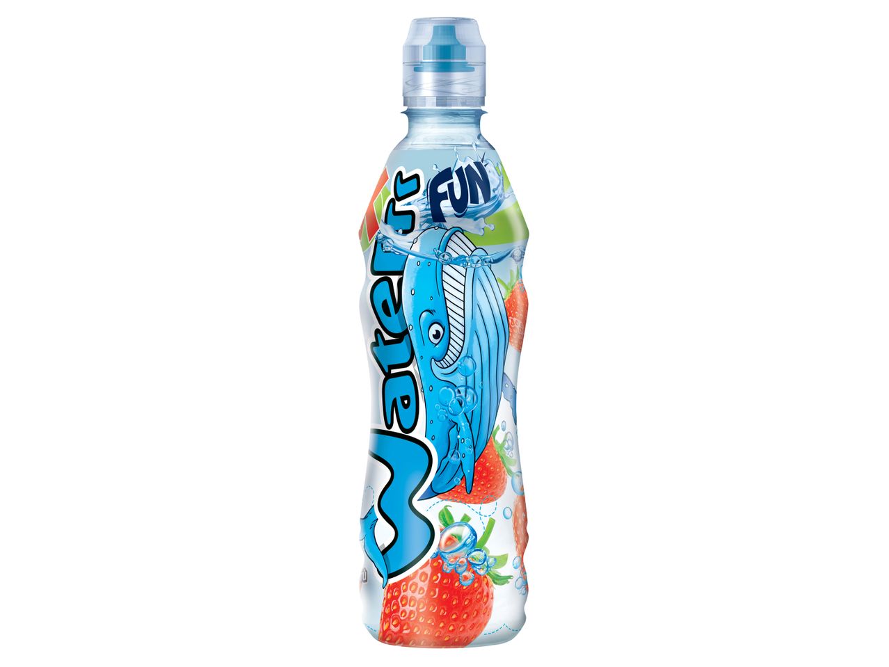 Láhev s nápojem Waterfun s příchutí jahod.