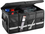 ULTIMATE SPEED® Car Boot Organiser, black, with tools, sprays, and measuring stick.
