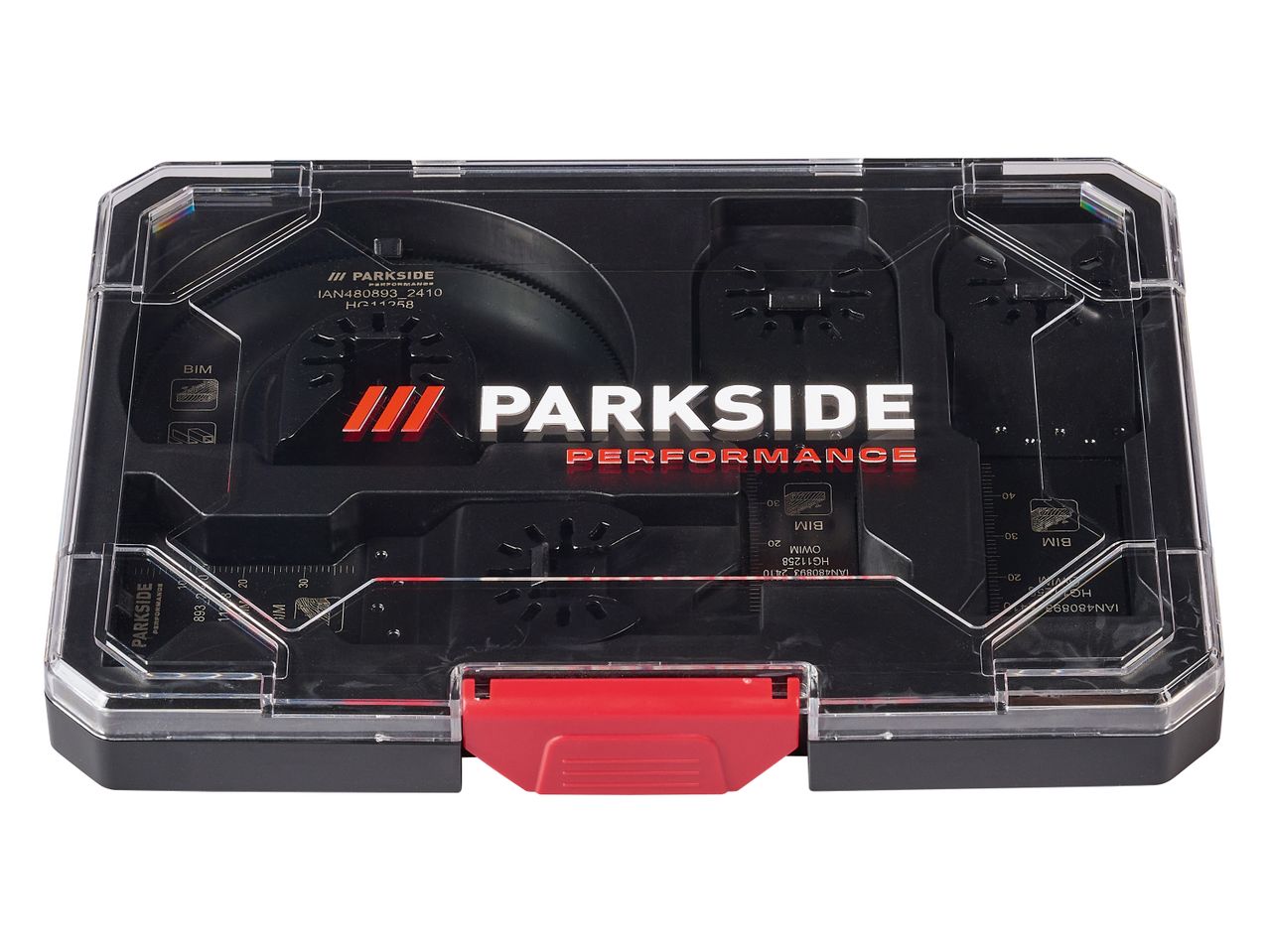 Parkside Performance oscillating tool blade set in a clear and black case with a red clasp.