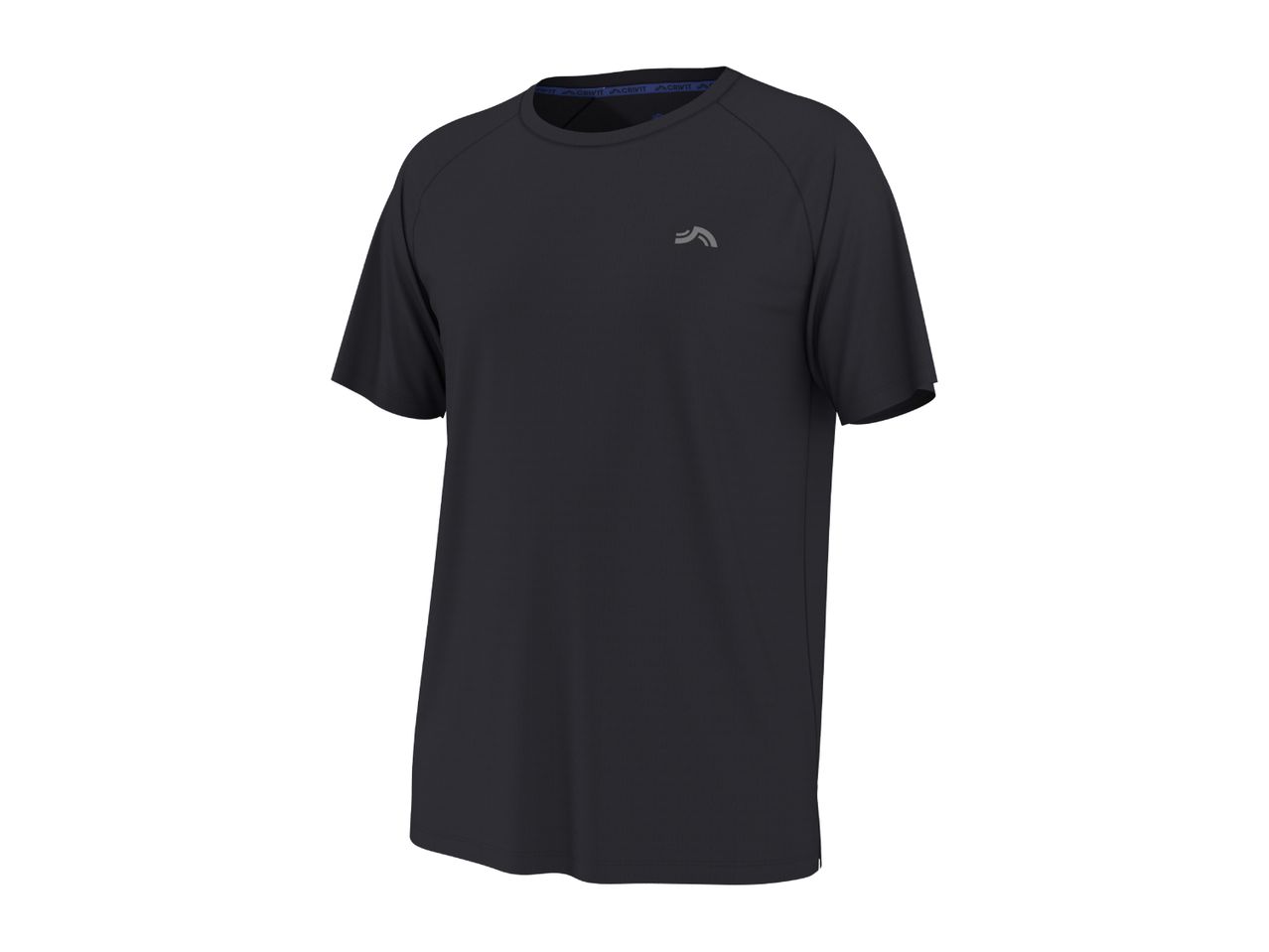 Men's black short-sleeved sports t-shirt with a small grey logo on the chest.