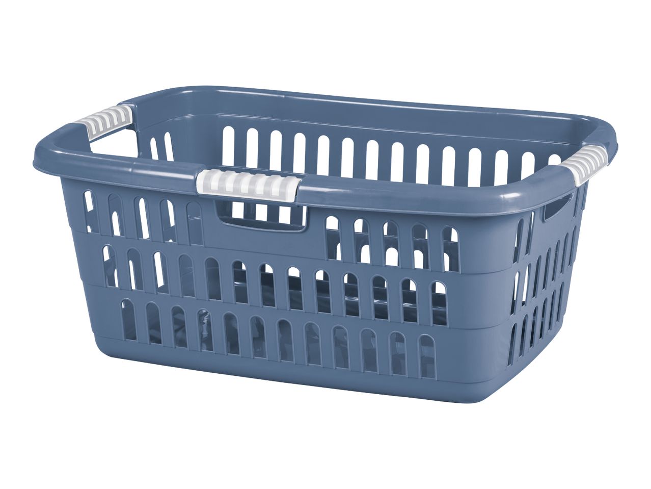 Blue plastic laundry basket with white handles