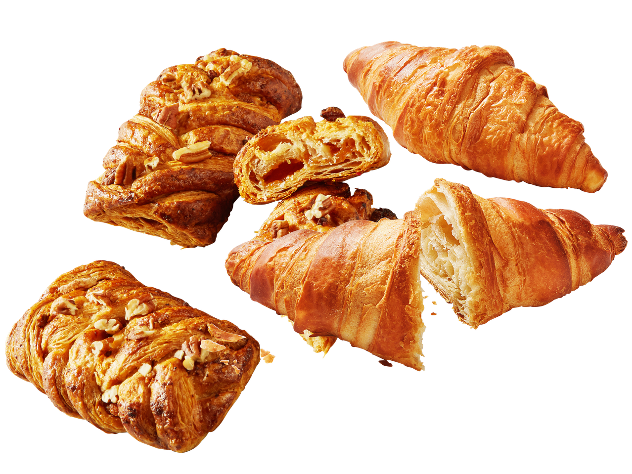 Fyra smördegscroissanter med olika fyllningar.