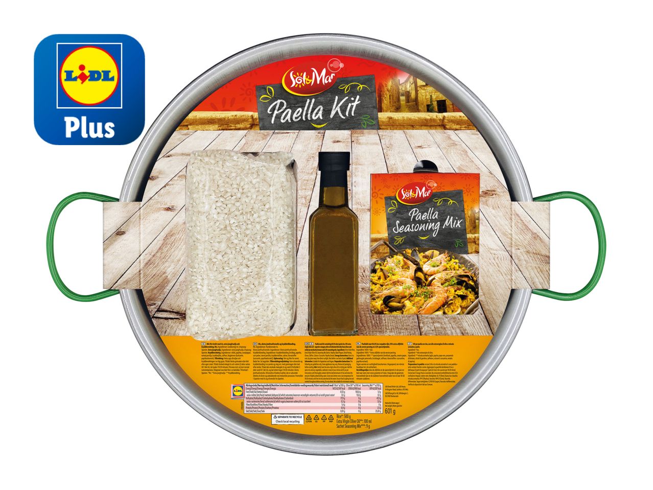 Lidl Plus paella kit: rice, extra virgin olive oil, and Sol&Mar seasoning mix.