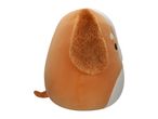Brown and white dog plush toy with a small tail, viewed from the side.