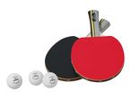 Two table tennis rackets (red and black) and three white table tennis balls with 'Premium Quality' text.