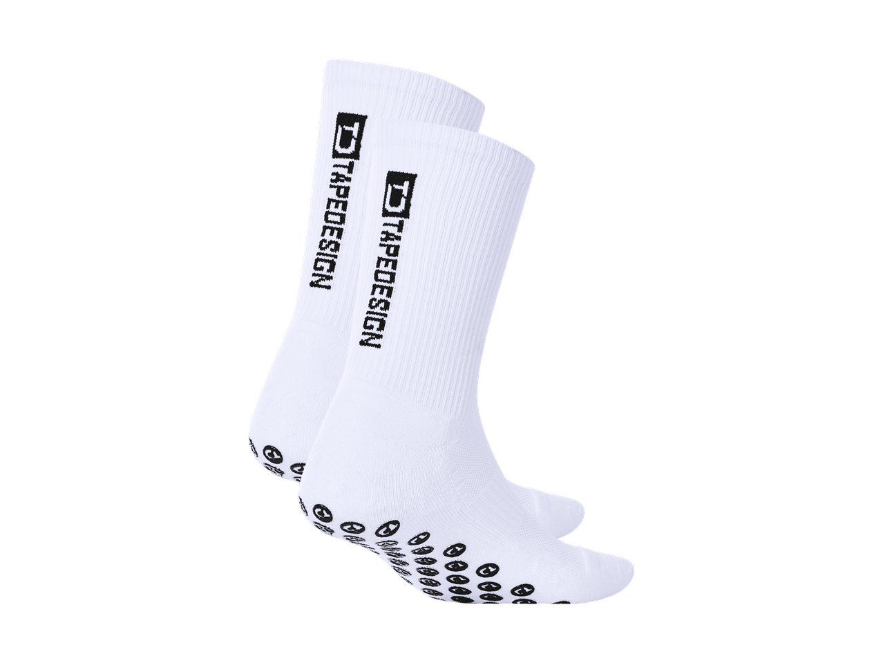 Zwei weiße Sportsocken mit schwarzen Anti-Rutsch-Mustern und einem vertikalen Logo.