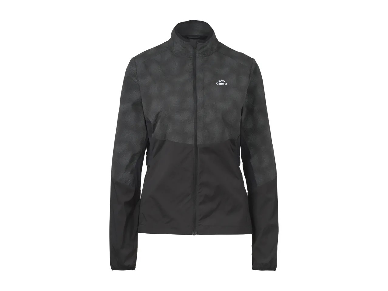 Black and grey athletic jacket with a subtle pattern on the upper half.