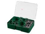 A green hole saw set with various sizes of saw blades and drill bits in a clear case.