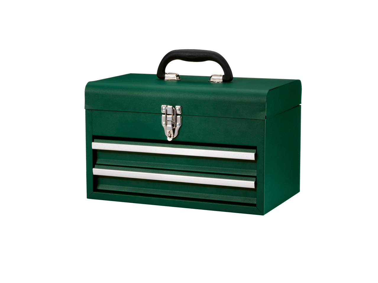 Zelena kutija za alat sa ručkom i dve fioke.