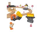 Wooden train track construction set with dump truck, roller, and worker figures.