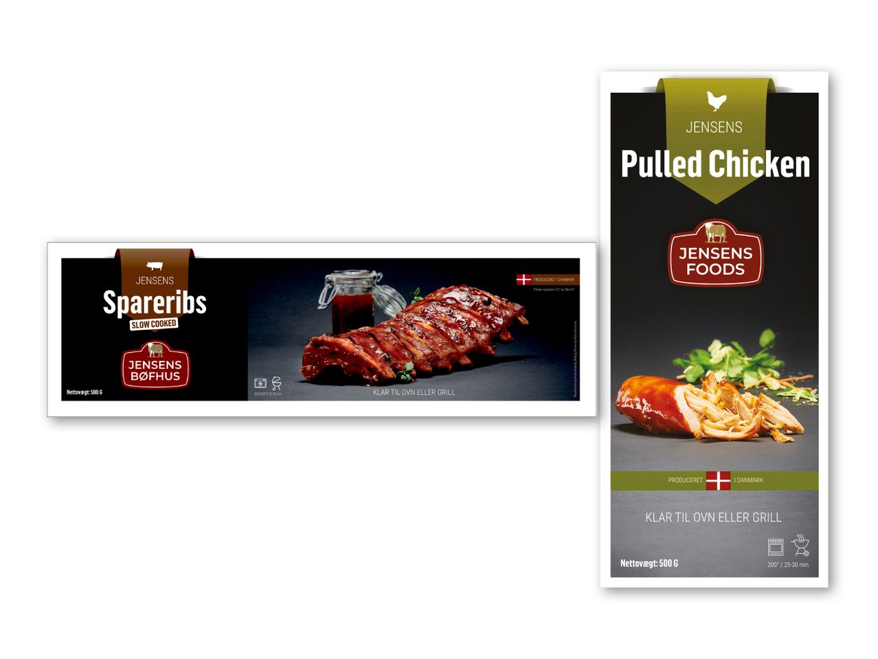 To pakker med spareribs og pulled chicken, klar til ovn eller grill.