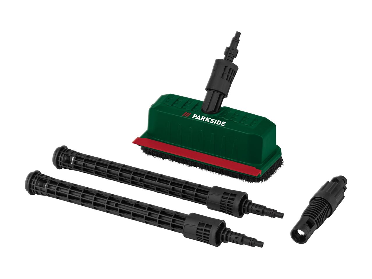 Pressure washer brush and two extension lances with a nozzle attachment.
