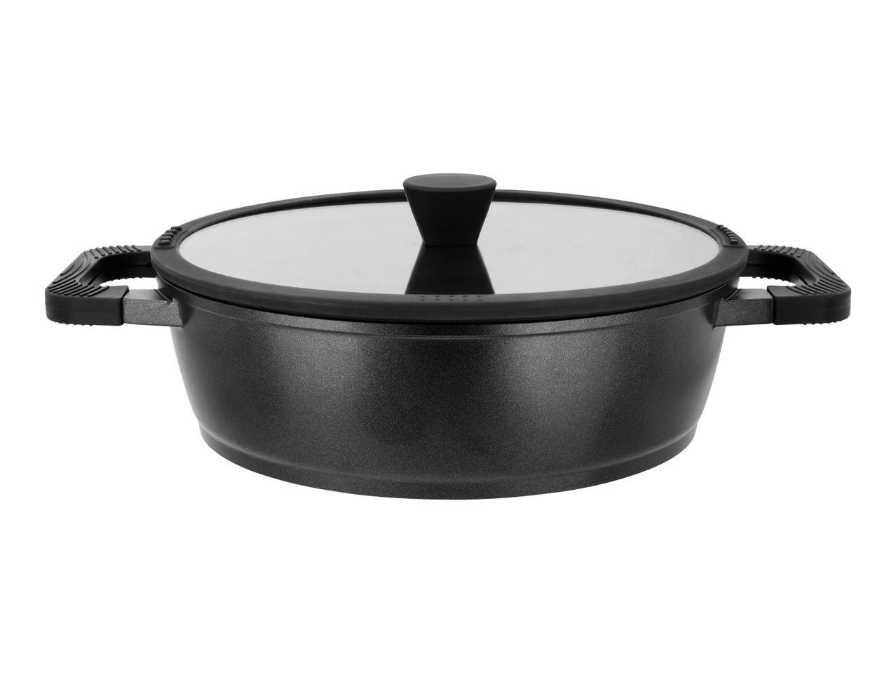 Dark grey cooking pot with a glass lid and black handles.