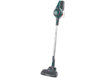 Cordless stick vacuum cleaner with a green and grey body, and a silver extension wand.