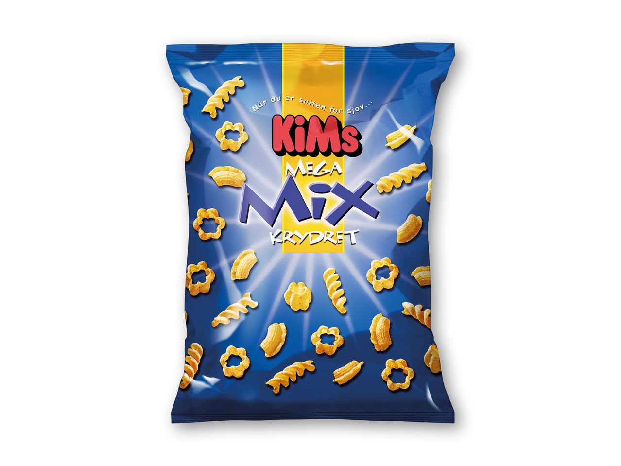 Blå pose med Mega Mix krydrede snacks i forskellige former, med teksten 'Når du er sulten for sjov...'