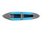 Top-down view of an inflatable two-person kayak in grey and blue.