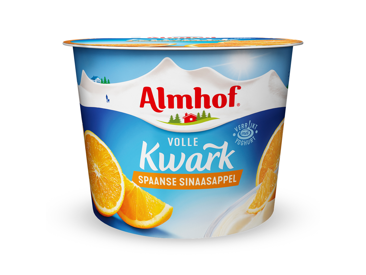 Een kuipje volle kwark met Spaanse sinaasappel, verrijkt met yoghurt.