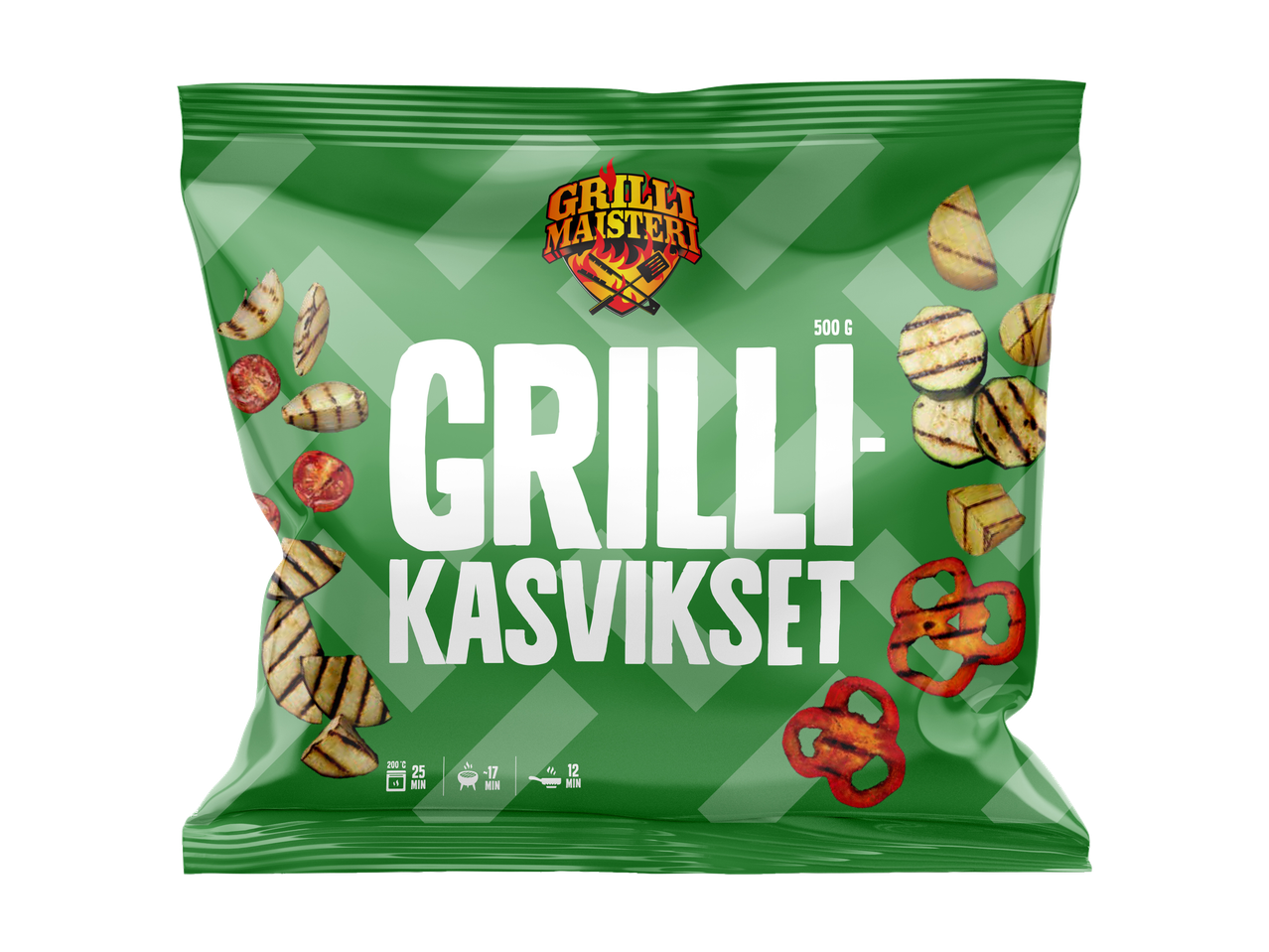 Vihreä pakkaus grillattuja kasviksia, kuten kesäkurpitsaa, paprikaa ja tomaattia, valmistusohjeineen.