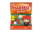 Haribo Harry Potter gummy candy bag with a cartoon Harry Potter and various shaped candies.