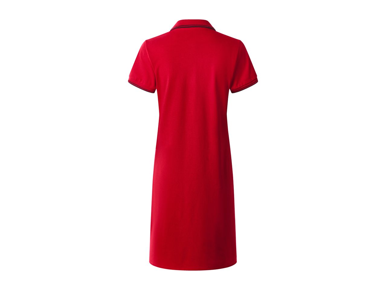 Red polo dress with short sleeves and a striped collar, back view.
