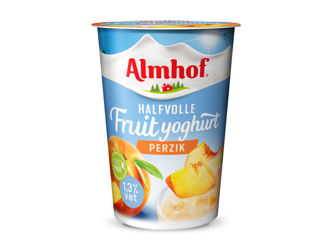 Halfvolle fruit yoghurt met perzik, 1,3% vet, 100% puur.