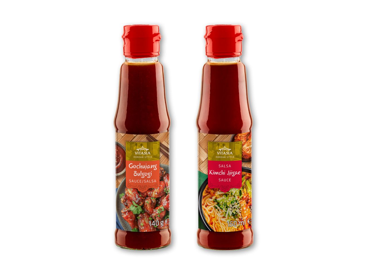 To flasker koreansk sauce: Gochujang Bulgogi og Kimchi Jjigae.