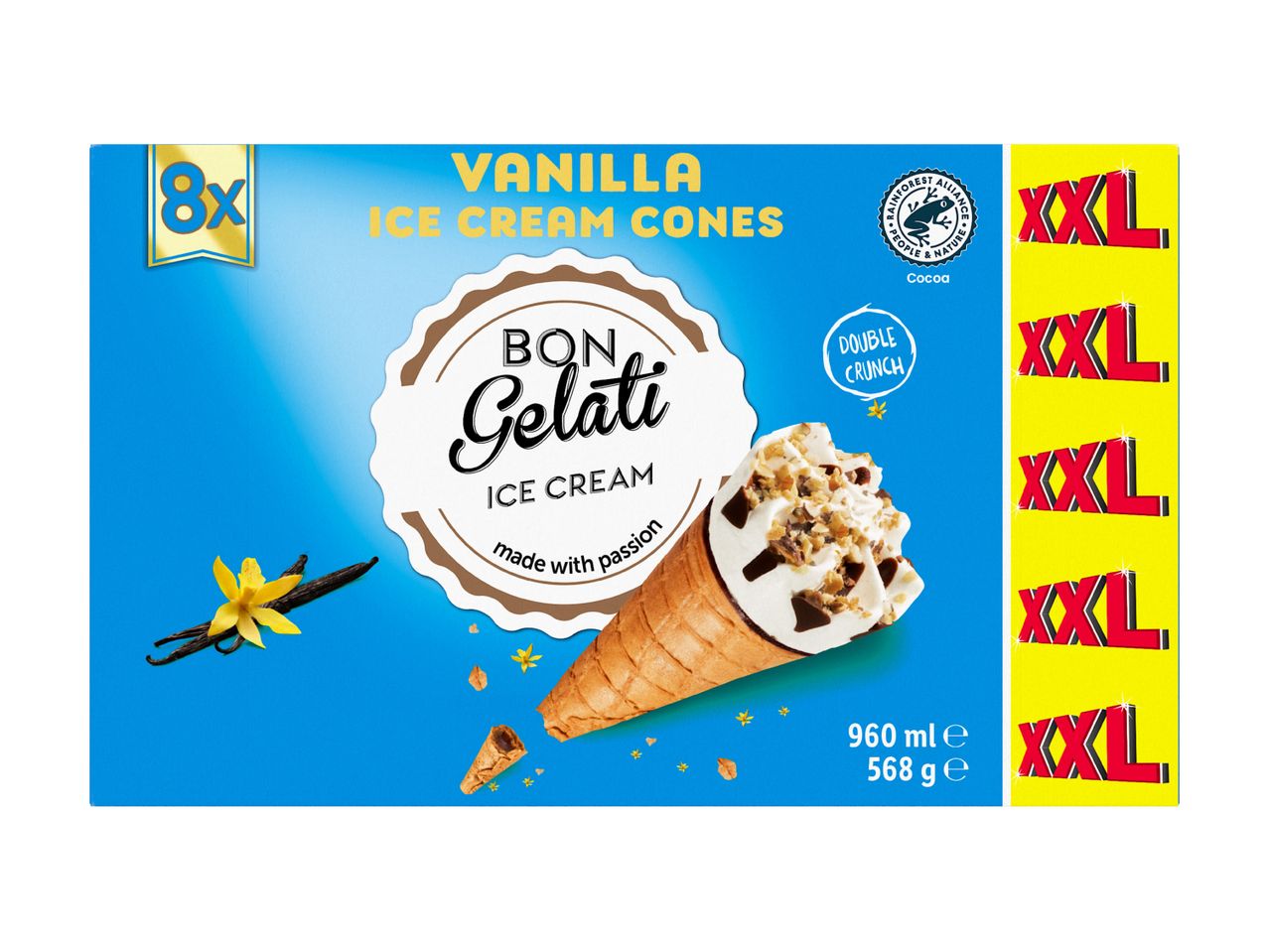Vanilla ice cream cones with double crunch, 8 pieces, 960ml/568g.