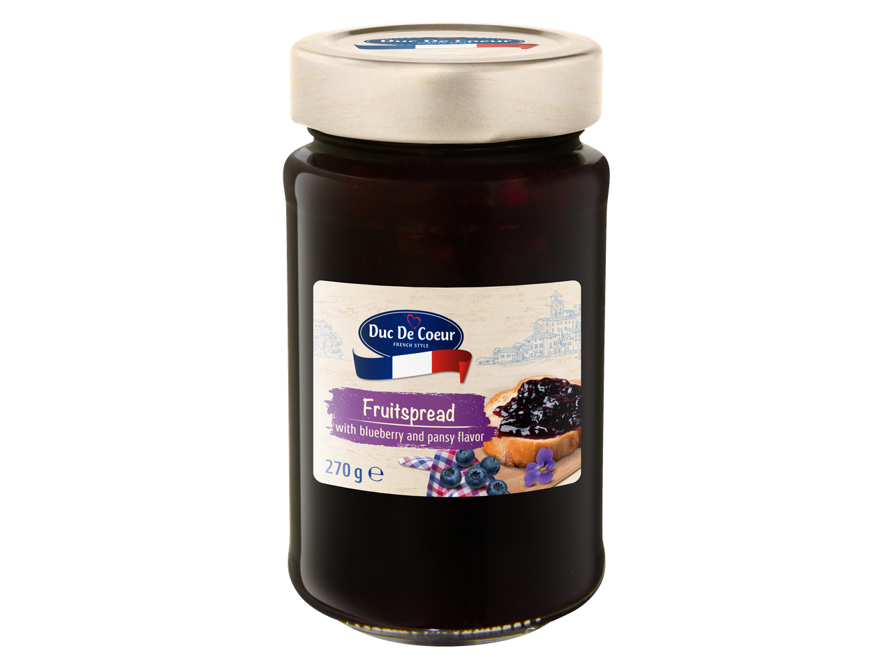 Duc De Coeur Fruitspread met bosbessen- en viooltjessmaak, 270g.
