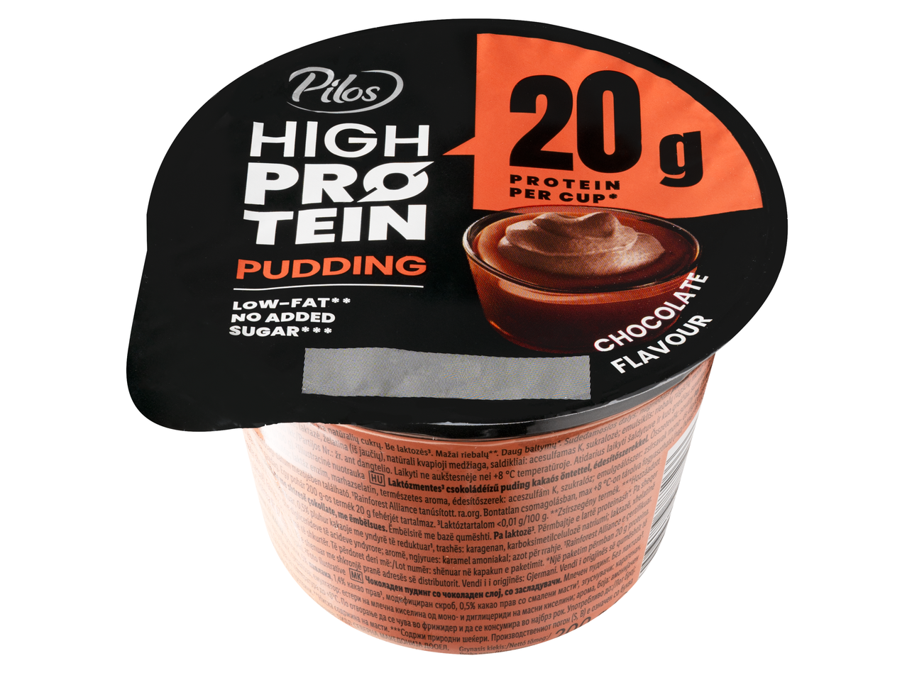 Pilos High Protein Pudding, csokoládé ízű, 20g fehérje/pohár, alacsony zsírtartalmú, hozzáadott cukor nélkül.