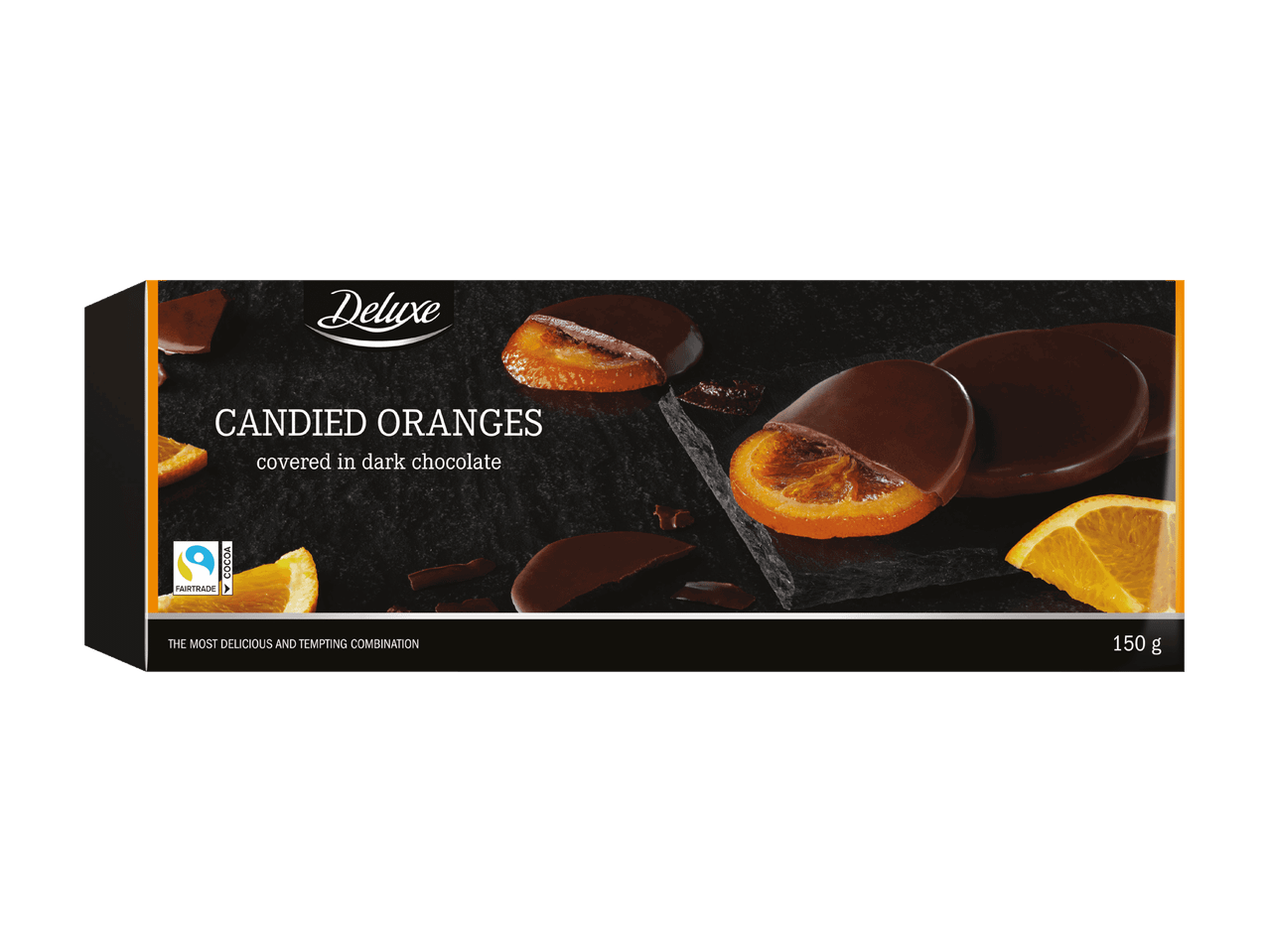 Schachtel mit kandierten Orangen, überzogen mit dunkler Schokolade, auf schwarzem Hintergrund.