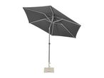 Dark grey patio umbrella with LED lights and a square base