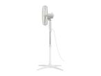 White pedestal fan with a round head and a long stand, viewed from the side.