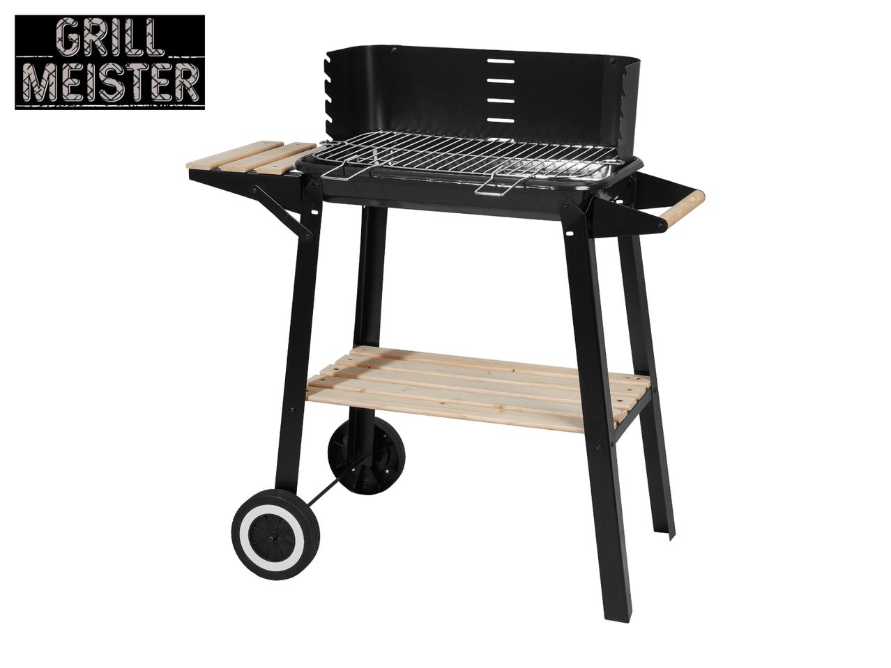 Black charcoal grill with side shelves, bottom storage rack, and wheels, with 'GRILL MEISTER' text.