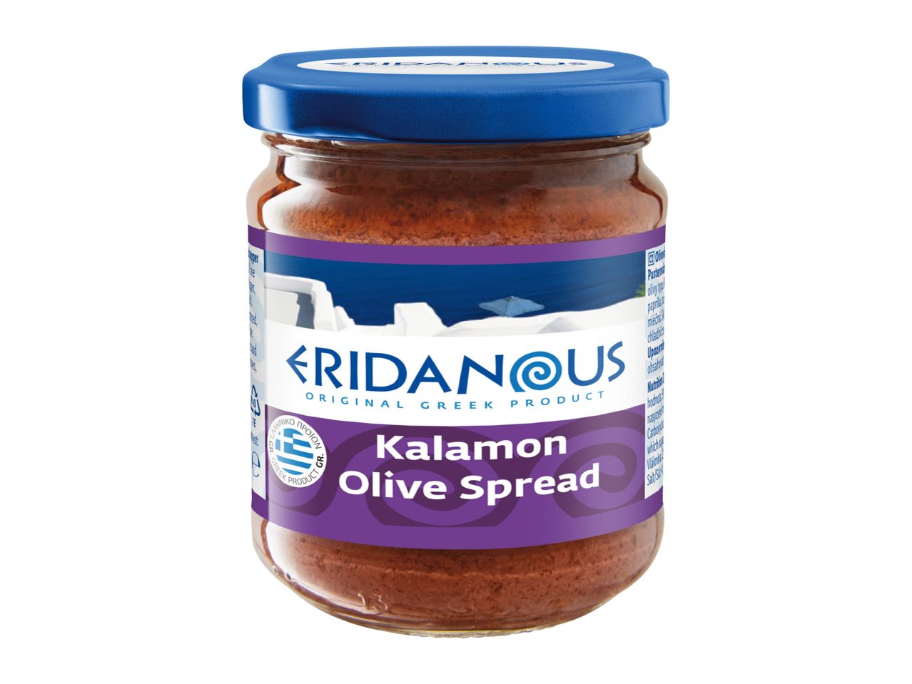 Eridanous Kalamon Olive Spread in a glass jar with a blue lid.