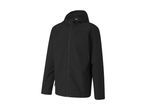 Black hooded softshell jacket with a zipper closure and side pockets.