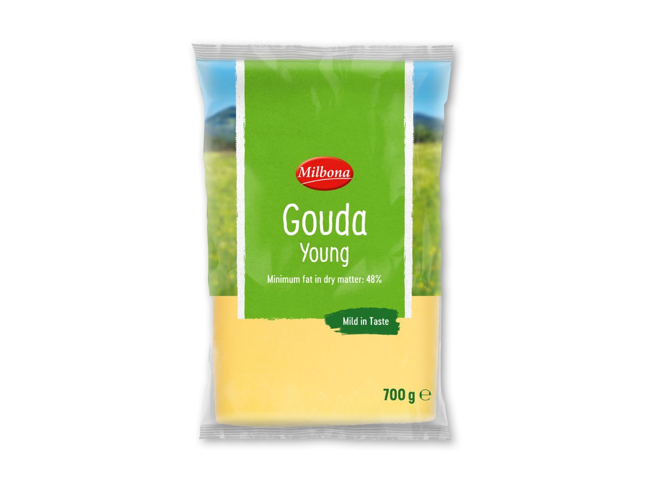 Pakke med ung Gouda-ost, 700g, med teksten 'Mild i smag' og 'Minimum fedt i tørstof: 48%'.