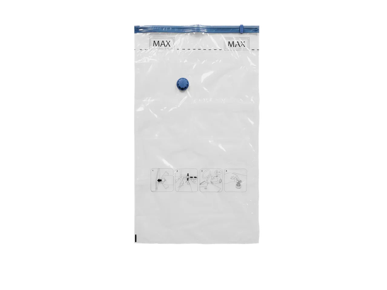 W5 Vacuum Storage Bag Set with blue zipper and valve, showing usage instructions.