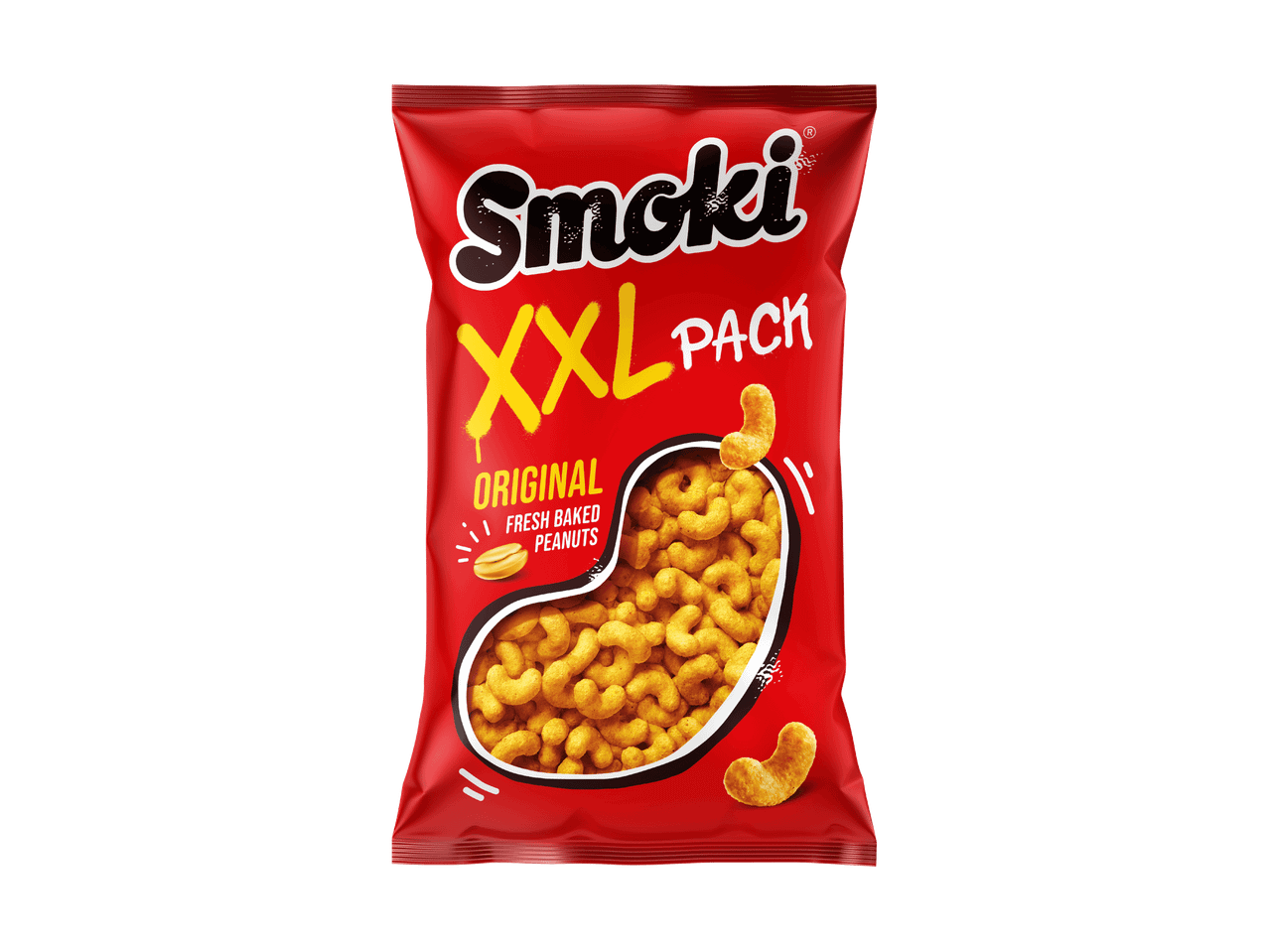 Eine Tüte Snöki XXL Pack mit frisch gebackenen Erdnusssnacks.