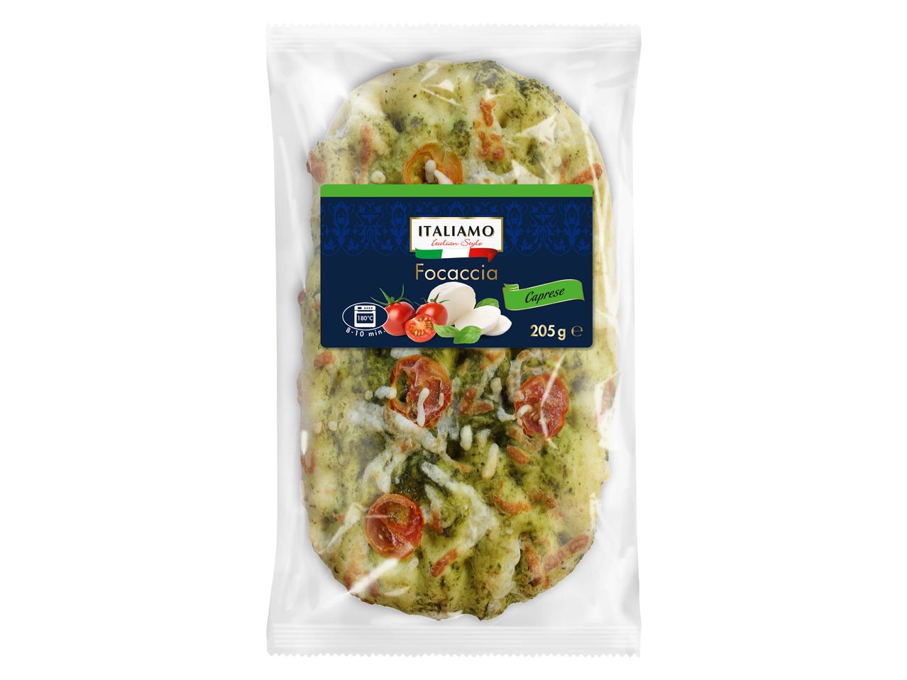 Un paquet de focaccia Italimo Caprese de 205g.