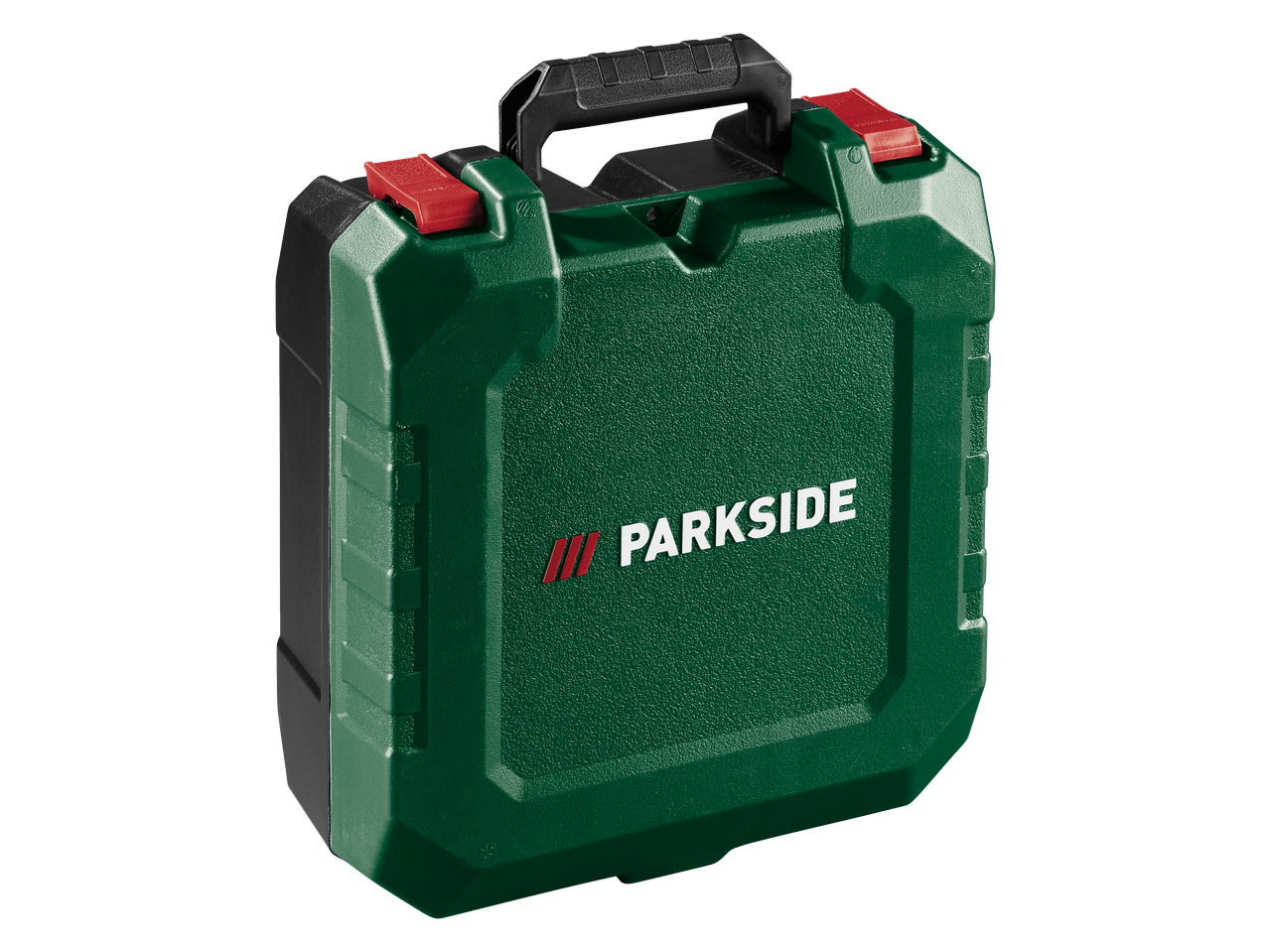 Zöld szerszámosláda fekete fogantyúkkal és piros zárakkal.