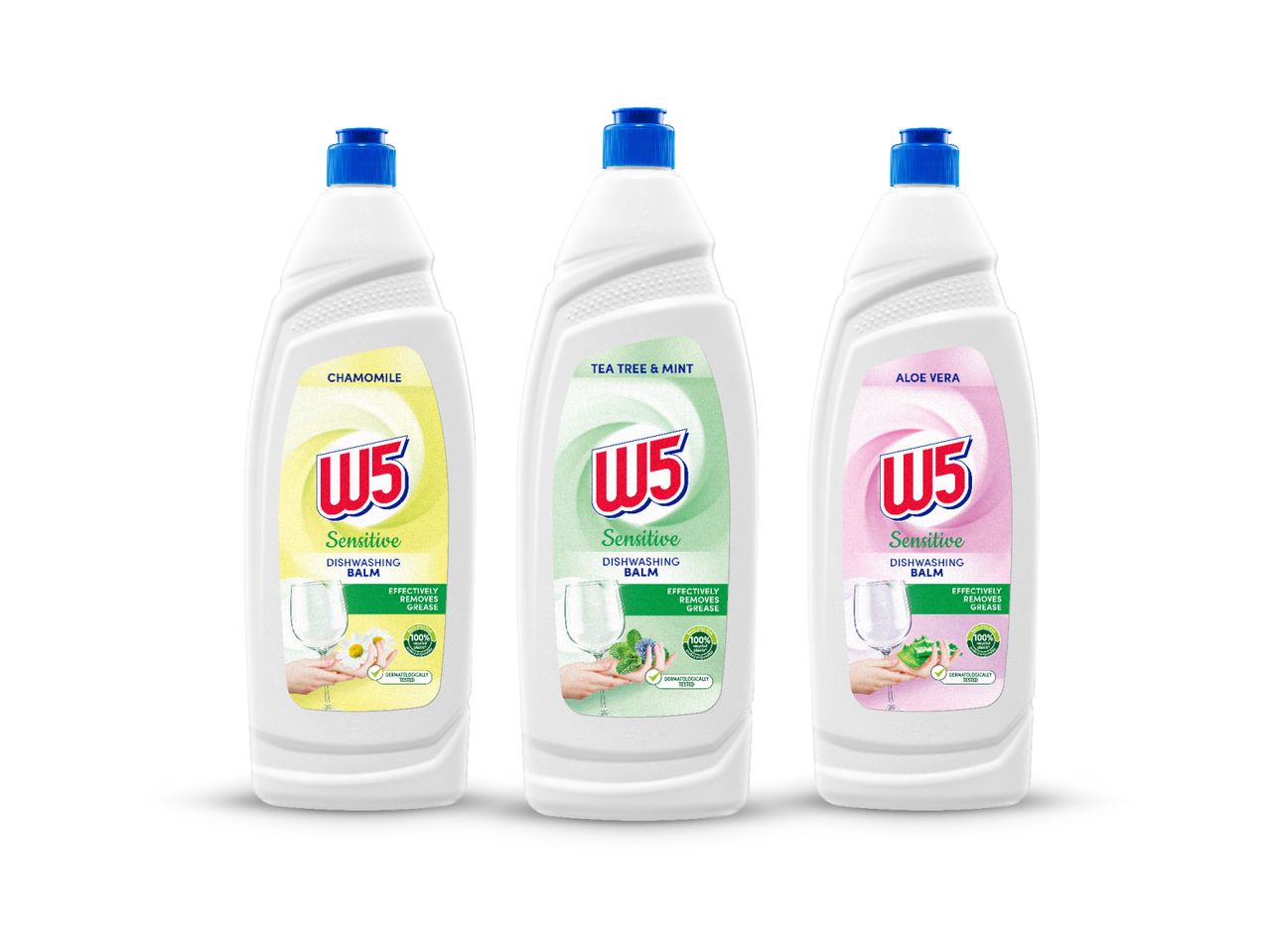 Tri boce W5 Sensitive balzama za pranje posuđa s različitim mirisima: kamilica, čajevac i menta te aloe vera.