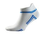 White ankle sock with blue stripes, featuring textured fabric for comfort and breathability.