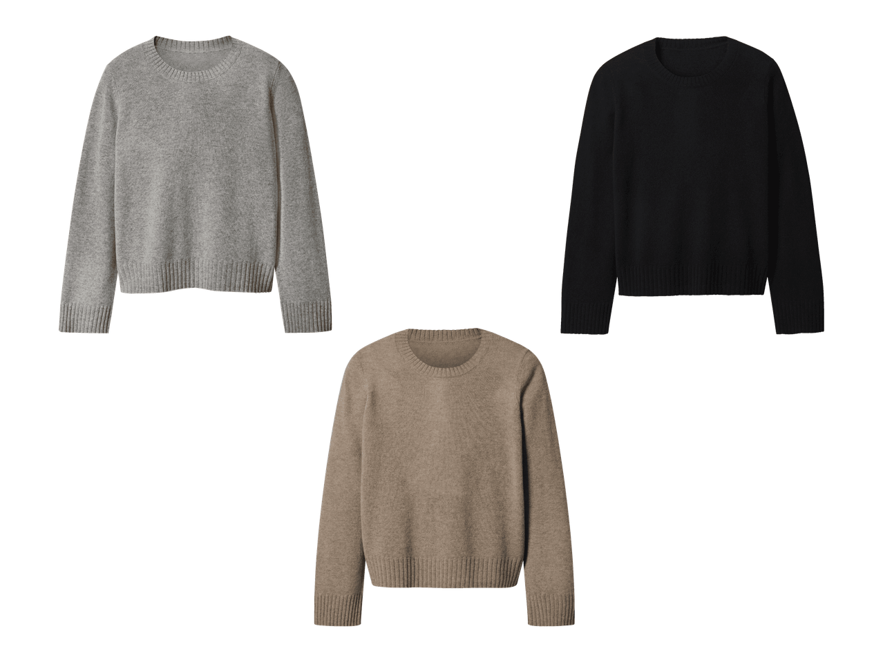 Kolme neulepuseroa: harmaa, musta ja beige.